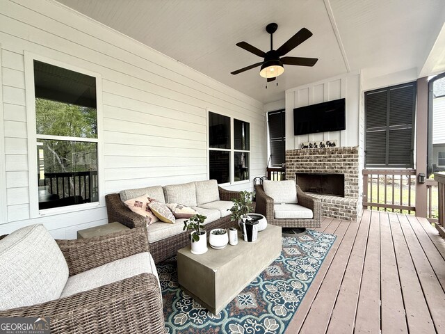 305 Red Gate Ln, Canton, GA 30115 - wooden deck featuring outdoor lounge area and ceiling fan
