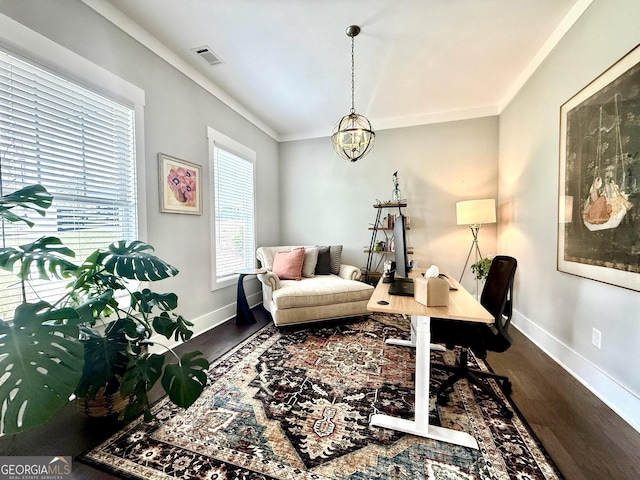 305 Red Gate Ln, Canton, GA 30115 - office area with visible vents, baseboards, a notable chandelier, ornamental molding, and dark wood finished floors