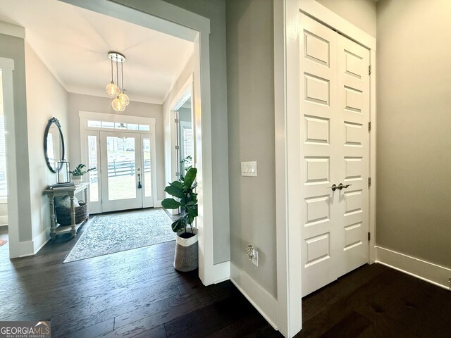 305 Red Gate Ln, Canton, GA 30115 - entrance foyer with dark wood-style floors, baseboards, and crown molding
