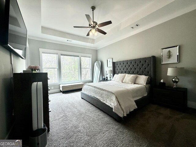 305 Red Gate Ln, Canton, GA 30115 - bedroom with dark colored carpet, visible vents, and a raised ceiling
