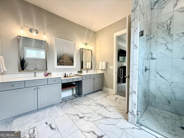 305 Red Gate Ln, Canton, GA 30115 - full bathroom featuring a marble finish shower, baseboards, marble finish floor, and vanity