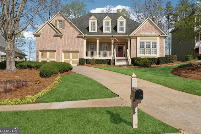 cape cod home with driveway, brick siding, a garage, a front lawn, and a porch