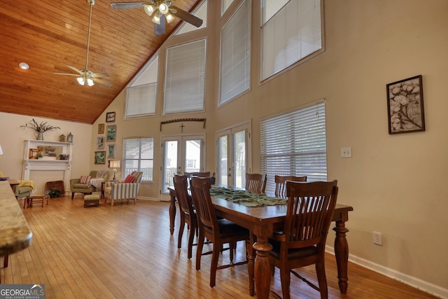 dining room with hardwood / wood-style floors, wood ceiling, baseboards, and a ceiling fan
