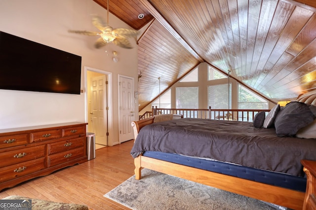 bedroom featuring light wood-style flooring, vaulted ceiling, and wood ceiling