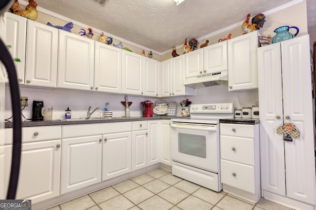 kitchen featuring a sink, white range with electric cooktop, under cabinet range hood, dark countertops, and white cabinets