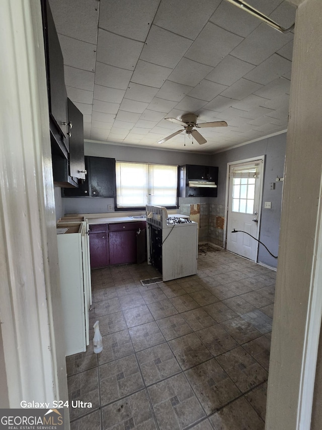 kitchen with light countertops, crown molding, and a ceiling fan