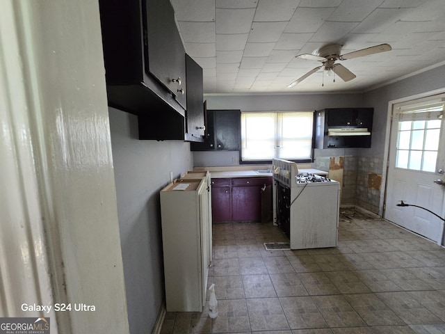 kitchen featuring white range with gas stovetop, ceiling fan, crown molding, and a wealth of natural light