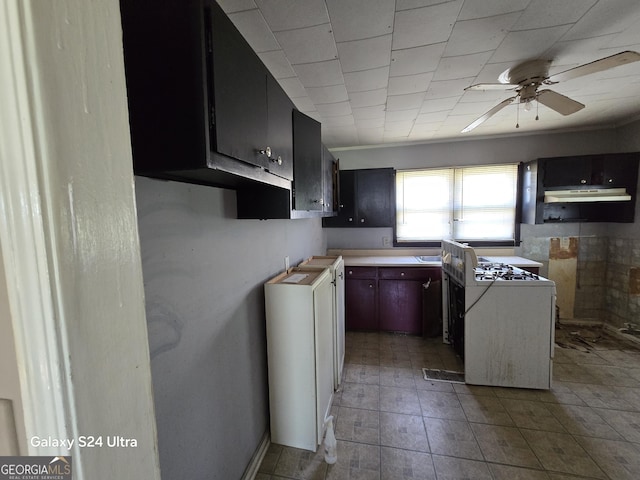 kitchen with under cabinet range hood, white gas range oven, and a ceiling fan