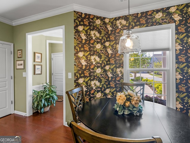 717 Bay Skipper Ct, Griffin, GA 30223 - dining space featuring wallpapered walls, dark wood finished floors, and ornamental molding