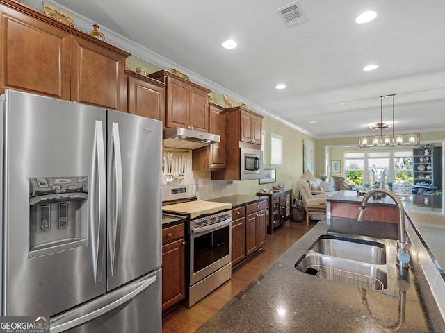 717 Bay Skipper Ct, Griffin, GA 30223 - kitchen with stainless steel appliances, under cabinet range hood, ornamental molding, dark wood-style floors, and recessed lighting