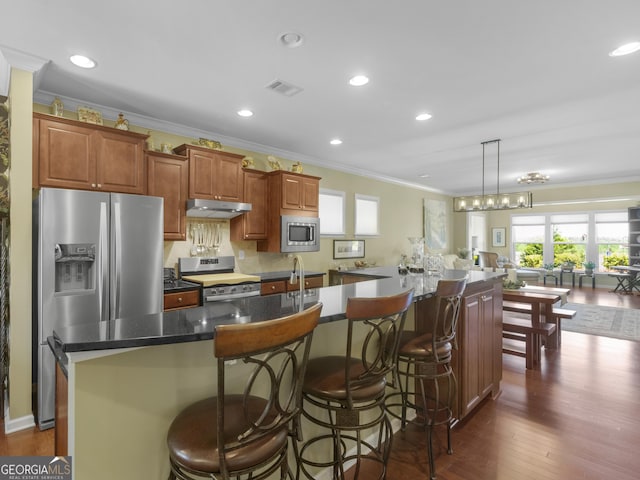 717 Bay Skipper Ct, Griffin, GA 30223 - kitchen with appliances with stainless steel finishes, crown molding, under cabinet range hood, a kitchen island with sink, and dark wood finished floors