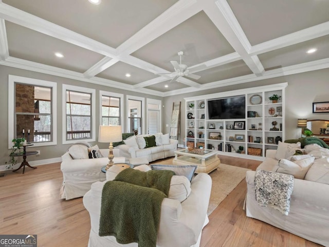 living room featuring coffered ceiling, light wood-type flooring, and beam ceiling