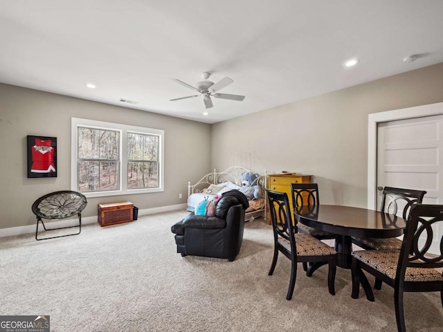 interior space with recessed lighting, carpet, baseboards, and visible vents