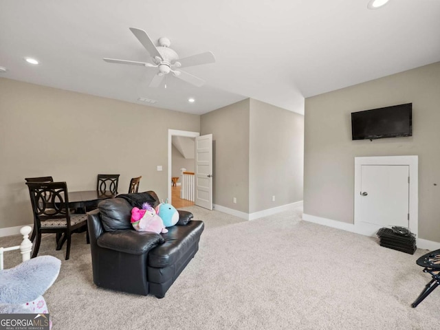 sitting room with recessed lighting, carpet floors, baseboards, and ceiling fan