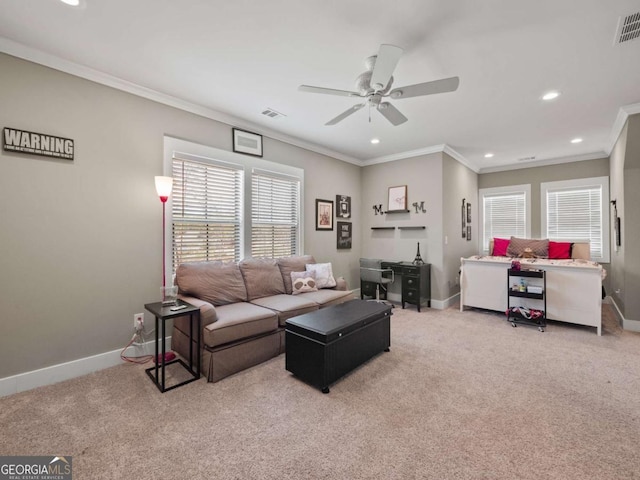 living room featuring baseboards, ornamental molding, recessed lighting, a ceiling fan, and carpet floors