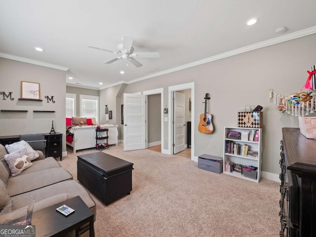 living area with light colored carpet, recessed lighting, ceiling fan, and baseboards