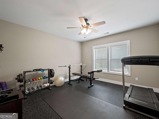workout area featuring visible vents, baseboards, and ceiling fan
