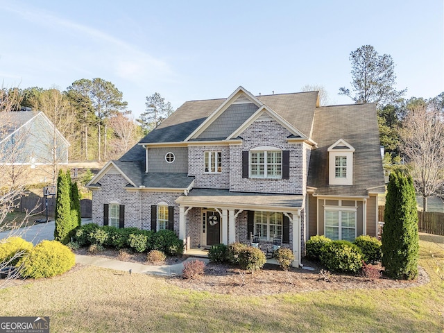 view of front of home featuring covered porch, brick siding, fence, and a shingled roof