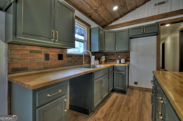 kitchen featuring visible vents, wood ceiling, a sink, lofted ceiling, and wooden counters