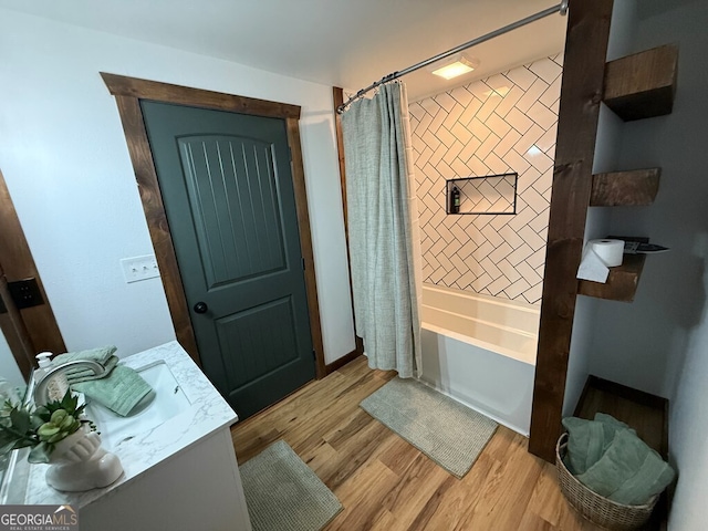 2380 Murphy Hwy, Mineral Bluff, GA 30559 - bathroom with shower / bath combo with shower curtain, wood finished floors, and vanity