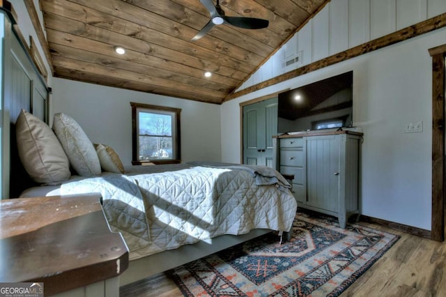 bedroom with visible vents, recessed lighting, wooden ceiling, wood finished floors, and baseboards