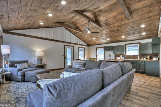 living area featuring baseboards, vaulted ceiling, recessed lighting, light wood-style floors, and wooden ceiling