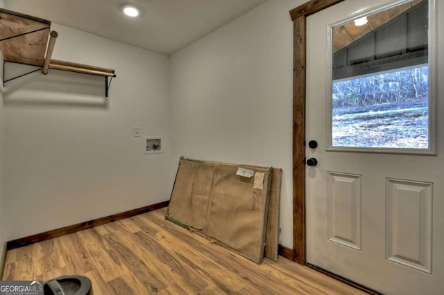 washroom featuring laundry area, light wood-style floors, recessed lighting, washer hookup, and baseboards