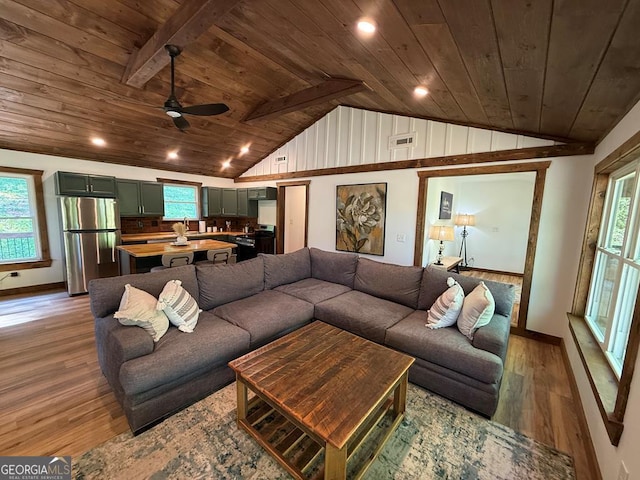 2380 Murphy Hwy, Mineral Bluff, GA 30559 - living area with wooden ceiling, lofted ceiling, light wood-style flooring, ceiling fan, and healthy amount of natural light