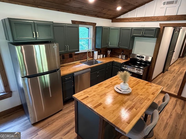 2380 Murphy Hwy, Mineral Bluff, GA 30559 - kitchen with stainless steel appliances, butcher block counters, a sink, wooden ceiling, and light wood-type flooring