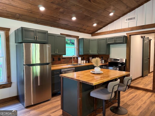 2380 Murphy Hwy, Mineral Bluff, GA 30559 - kitchen featuring appliances with stainless steel finishes, wooden counters, wood ceiling, a sink, and lofted ceiling