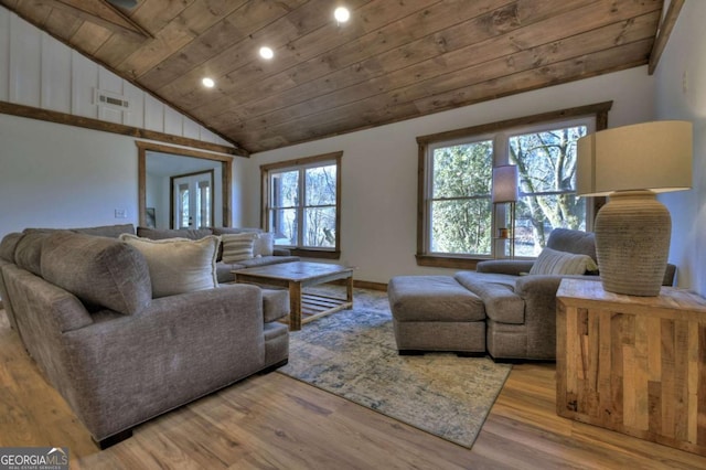 living room with visible vents, vaulted ceiling, recessed lighting, wooden ceiling, and wood finished floors