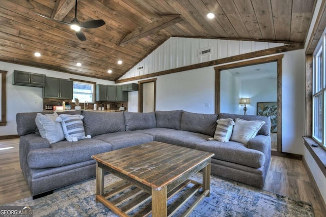 living area with wood ceiling, wood finished floors, baseboards, and lofted ceiling