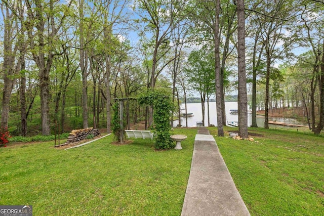 view of yard featuring a dock and a water view