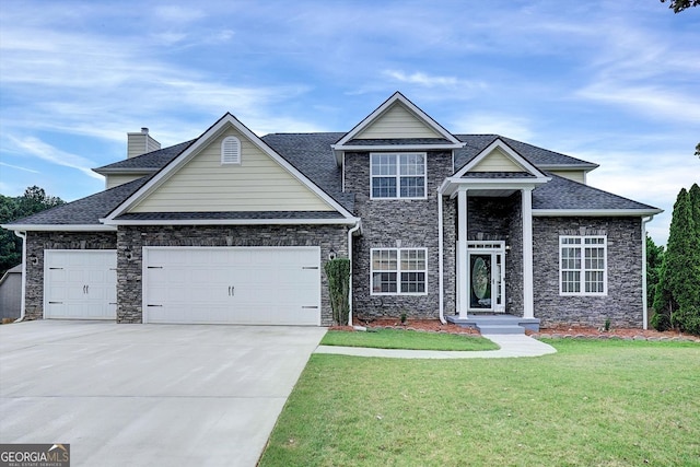 6793 Oconee Pl, Fairburn, GA 30213 - traditional home with an attached garage, a front lawn, a shingled roof, and stone siding
