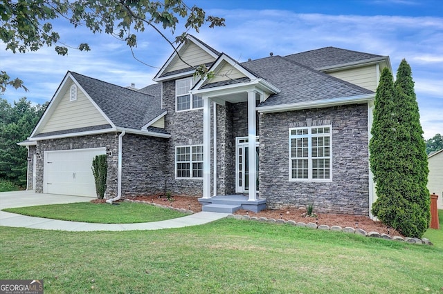 6793 Oconee Pl, Fairburn, GA 30213 - traditional-style home featuring stone siding, a shingled roof, a front lawn, and driveway