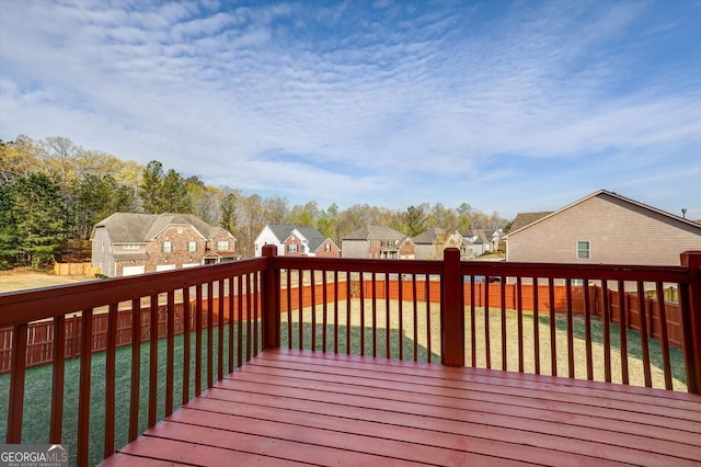 wooden deck with a fenced backyard, a yard, and a residential view