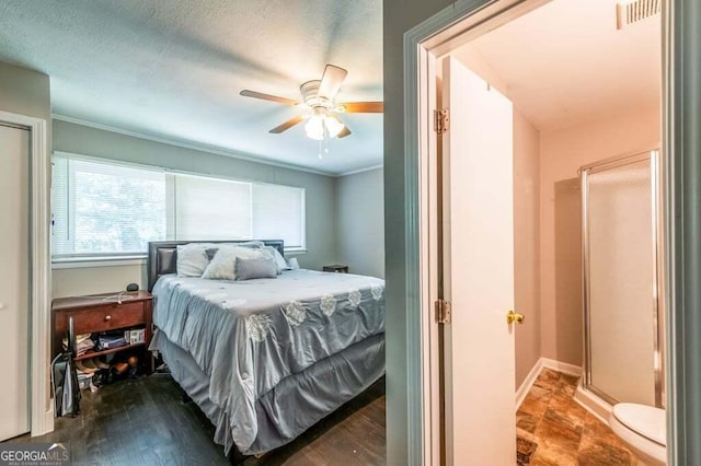 3614 Fairburn Pl NW, Atlanta, GA 30331 - bedroom with a textured ceiling, visible vents, crown molding, baseboards, and ceiling fan
