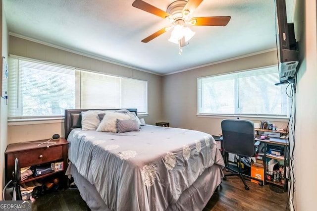 3614 Fairburn Pl NW, Atlanta, GA 30331 - bedroom with a ceiling fan, ornamental molding, and dark wood-type flooring