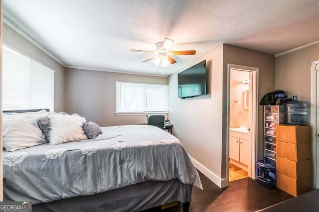 3614 Fairburn Pl NW, Atlanta, GA 30331 - bedroom with dark wood finished floors, crown molding, connected bathroom, and a textured ceiling