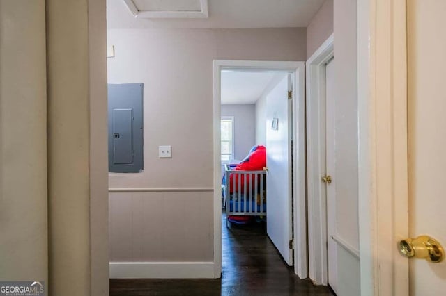 3614 Fairburn Pl NW, Atlanta, GA 30331 - hallway featuring a wainscoted wall, electric panel, and dark wood finished floors
