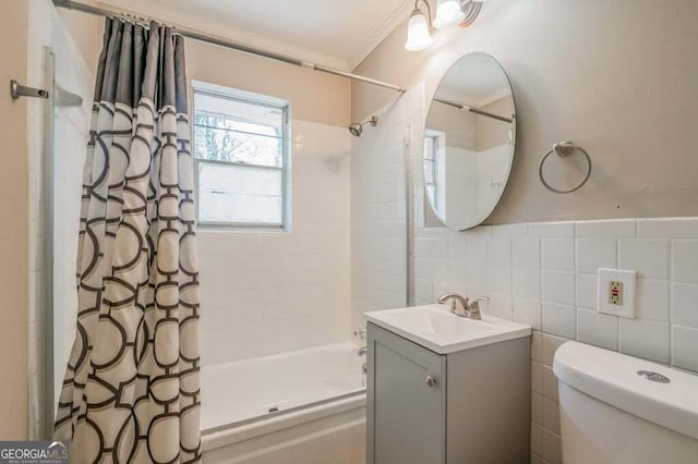 3614 Fairburn Pl NW, Atlanta, GA 30331 - full bath featuring tile walls, ornamental molding, toilet, vanity, and shower / bathtub combination with curtain