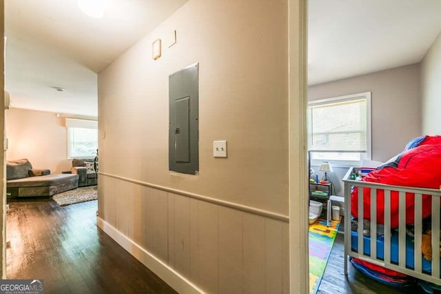 3614 Fairburn Pl NW, Atlanta, GA 30331 - hallway with electric panel, wainscoting, and wood finished floors