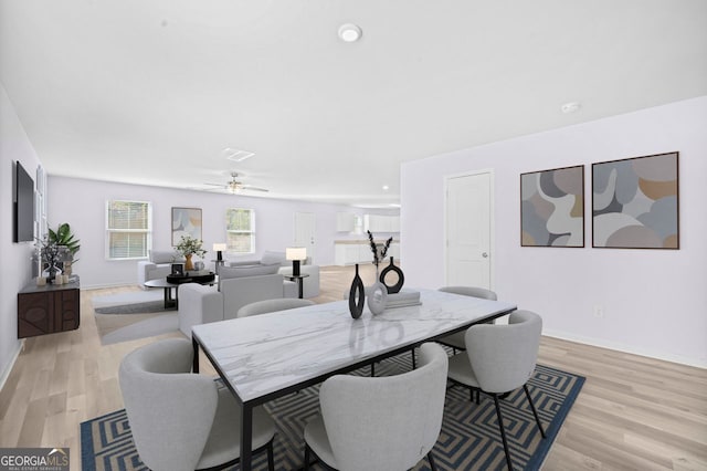 dining space with ceiling fan, light wood-type flooring, visible vents, recessed lighting, and baseboards