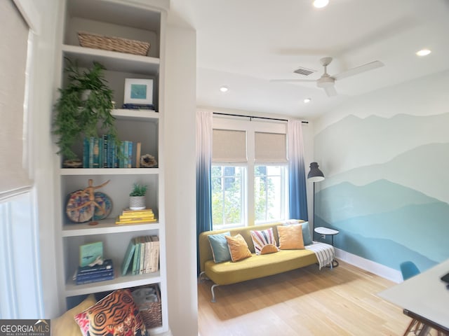 sitting room featuring visible vents, recessed lighting, a ceiling fan, and wood finished floors