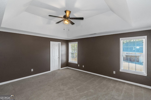 carpeted spare room featuring a wealth of natural light, a raised ceiling, a ceiling fan, and baseboards