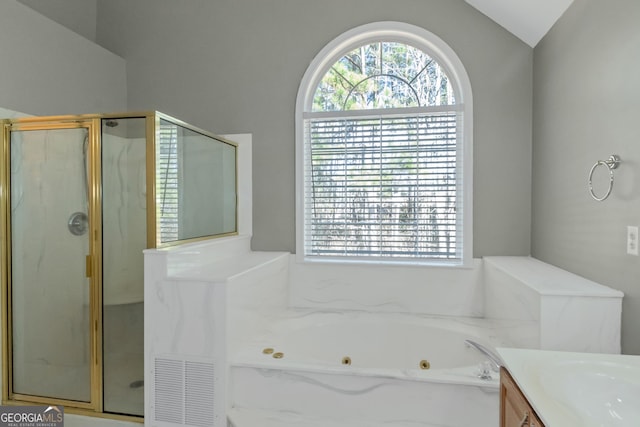 full bath featuring visible vents, a marble finish shower, and plenty of natural light