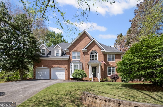 colonial-style house with a front lawn, driveway, an attached garage, and brick siding