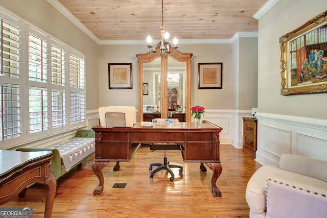 53 Gordon Manor Ct, Senoia, GA 30276 - office space with wood finished floors, wainscoting, a chandelier, a decorative wall, and healthy amount of natural light