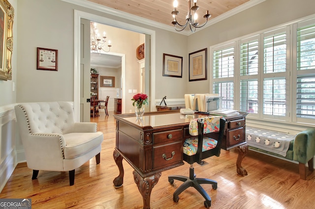 53 Gordon Manor Ct, Senoia, GA 30276 - office space featuring a chandelier, crown molding, light wood-style floors, a wainscoted wall, and wooden ceiling