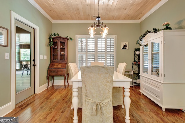 53 Gordon Manor Ct, Senoia, GA 30276 - dining area featuring light wood-style flooring, a chandelier, wooden ceiling, plenty of natural light, and ornamental molding